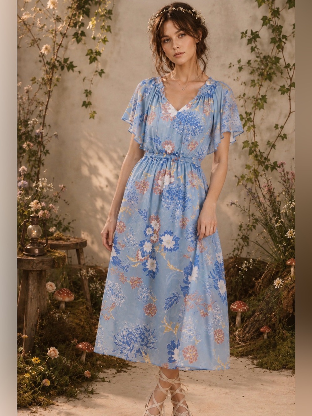 Anthropologie Dolan Left Coast Blue Floral Midi Dress M Boho Cottagecore Garden
